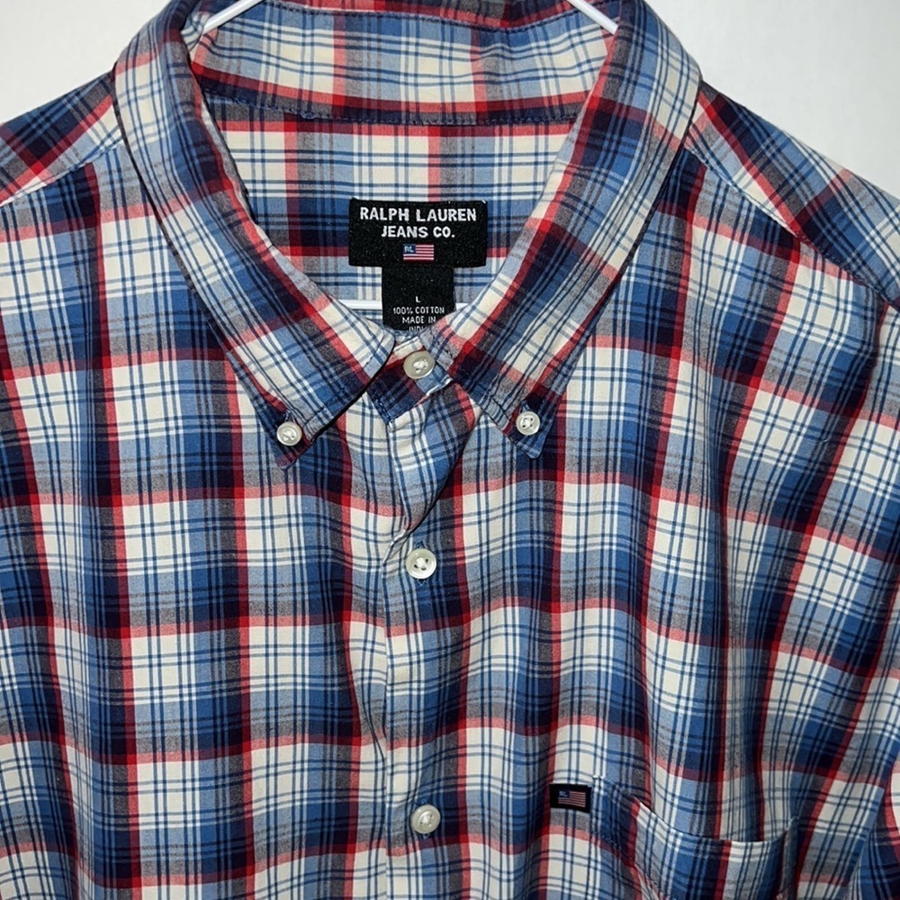 Ralph Lauren Jeans Co Mens Long Sleeve Shirt Blue White Red Plaid Size Large - Picture 2 of 8